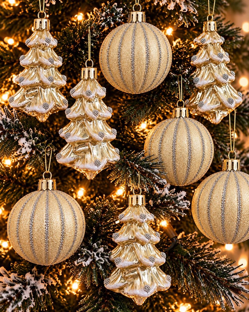Christmas Ornaments Gold Glitter Trees Balls Vintage Holiday Decor Lot 21 Piece